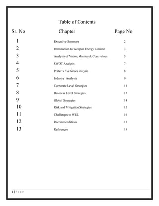 Table of Contents
Sr. No

Chapter

1
2
3
4
5
6
7
8
9
10
11
12
13

Executive Summary

2

Introduction to Welspun Energy Limited

3

Analysis of Vision, Mission & Core values

5

SWOT Analysis

7

Porter’s five forces analysis

8

Industry Analysis

9

Corporate Level Strategies

11

Business Level Strategies

12

Global Strategies

14

Risk and Mitigation Strategies

15

Challenges to WEL

16

Recommendations

17

References

18

1|Page

Page No

 