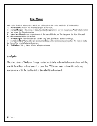 CORE VALUE
Our values make us who we are. We do not lose sight of our values and stand by them always
Passion : Our passion for business reflects in our work.
Mutual Respect : Diversity of ideas, talent and experience is always encouraged. We treat others the
way we would like them to treat us.
Integrity : Honoring our commitments is the way of life for us. We always do the right thing and
we take responsibility for our actions.
Partnership: Collaboration is the key for long term growth and mutual advantage.
Sustainability : We love the environment and respect the communities around us. We want to make
the lives of the people better and greener.
Wellbeing : Safety above all else is important to us

AnalysisThe core values of Welspun Energy Limited are totally adhered to human values and they
want follow them in long term .It is clear that Welspun does not want to make any
compromise with the quality, integrity and ethics at any cost.

6|Page

 
