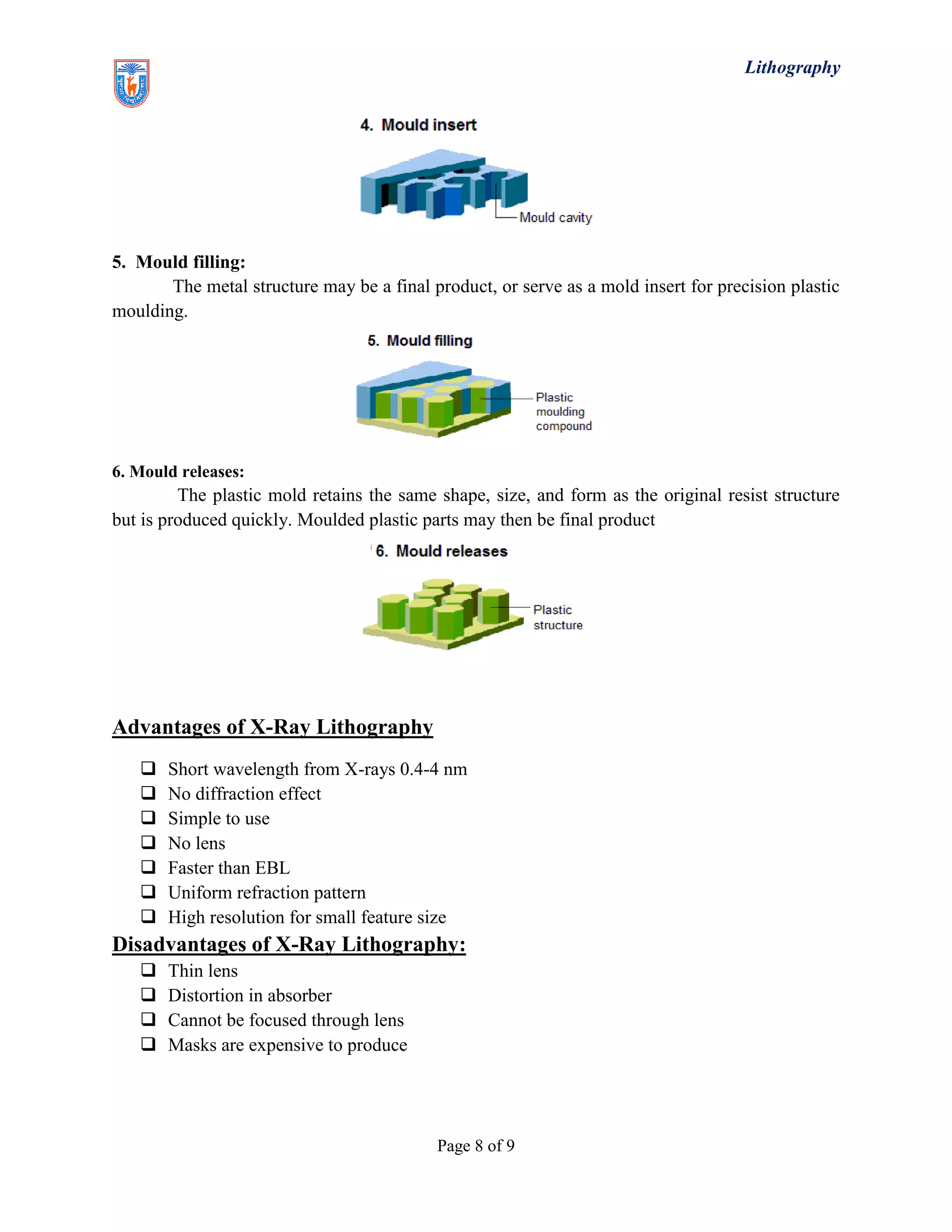 Lithography
Page 8 of 9
5. Mould filling:
The metal structure may be a final product, or serve as a mold insert for precision plastic
moulding.
6. Mould releases:
The plastic mold retains the same shape, size, and form as the original resist structure
but is produced quickly. Moulded plastic parts may then be final product
Advantages of X-Ray Lithography
 Short wavelength from X-rays 0.4-4 nm
 No diffraction effect
 Simple to use
 No lens
 Faster than EBL
 Uniform refraction pattern
 High resolution for small feature size
Disadvantages of X-Ray Lithography:
 Thin lens
 Distortion in absorber
 Cannot be focused through lens
 Masks are expensive to produce
 