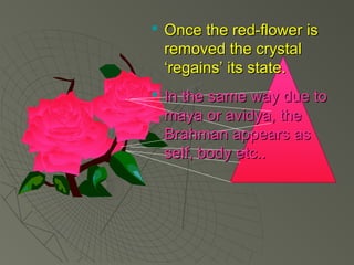  OOnnccee tthhee rreedd--fflloowweerr iiss 
rreemmoovveedd tthhee ccrryyssttaall 
‘‘rreeggaaiinnss’’ iittss ssttaattee.. 
 IInn tthhee ssaammee wwaayy dduuee ttoo 
mmaayyaa oorr aavviiddyyaa,, tthhee 
BBrraahhmmaann aappppeeaarrss aass 
sseellff,, bbooddyy eettcc.... 
 