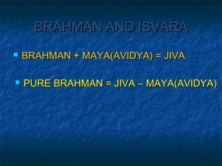 BBRRAAHHMMAANN AANNDD IISSVVAARRAA 
 BBRRAAHHMMAANN ++ MMAAYYAA((AAVVIIDDYYAA)) == JJIIVVAA 
 PPUURREE BBRRAAHHMMAANN == JJIIVVAA –– MMAAYYAA((AAVVIIDDYYAA)) 
 
