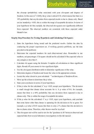 20
the closestp (probability) value associated with your chi-square and degrees of
freedom. In this case (x2
=2.668), the p value is about 0.10, which means that there is a
10% probability that any deviation from expected results is due to chance only. Based
on our standard p >0.05, this is within the range of acceptable deviation. In terms of
your hypothesis for this example, the observed chi-squareis not significantly different
from expected. The observed numbers are consistent with those expected under
Mendel's law.
Step-by-Step Procedure for Testing Hypothesis and Calculating Chi-Square:
1. State the hypothesis being tested and the predicted results. Gather the data by
conducting the proper experiment (or, if working genetics problems, use the data
provided in the problem).
2. Determine the expected numbers for each observational class. Remember to use
numbers, not percentages. Chi-square should not be calculated if the expected value in
any category is less than 5.
3. Calculate chi square using the formula. Complete all calculations to three significant
digits. Round off your answer to two significant digits.
4. Use the chi-square distribution table to determine significance of the value.
5. Determine degrees of freedom and locate the value in the appropriate column.
6. Locate the value closest to your calculated 2
on that degrees of freedom df row.
7. Move up the column to determine the p value.
8. State your conclusion in terms of your hypothesis.
9. If the p value for the calculated x2
is p >0.05, accept your hypothesis. 'The deviation
is small enough that chance alone accounts for it. A p value of 0.6, for example,
means that there is a 60% probability that any deviation from expected is due to
chance only. This is within the range of acceptable deviation.
10. If the p value for the calculated x2
is p <0.05, reject your hypothesis, and conclude
that some factor other than chance is operating for the deviation to be so great. For
example, a p value of 0.01 means that there is only a 1% chance that this deviation is
due to chance alone. Therefore, other factors must be involved.
11. The chi-square test will be used to test for the "goodness to fit" between observed and
expected data from several laboratory investigations in this lab manual.
 