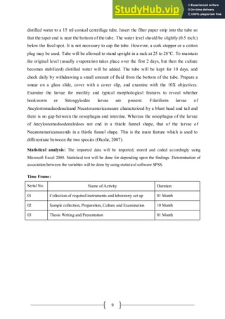 9
distilled water to a 15 ml conical centrifuge tube. Insert the filter paper strip into the tube so
that the taper end is near the bottom of the tube. The water level should be slightly (0.5 inch.)
below the fecal spot. It is not necessary to cap the tube. However, a cork stopper or a cotton
plug may be used. Tube will be allowed to stand upright in a rack at 25 to 28°C. To maintain
the original level (usually evaporation takes place over the first 2 days, but then the culture
becomes stabilized) distilled water will be added. The tube will be kept for 10 days, and
check daily by withdrawing a small amount of fluid from the bottom of the tube. Prepare a
smear on a glass slide, cover with a cover slip, and examine with the 10X objectives.
Examine the larvae for motility and typical morphological features to reveal whether
hookworm or Strongyloides larvae are present. Filariform larvae of
Ancylostomaduodenaleand Necatoramericanusare characterized by a blunt head and tail and
there is no gap between the oesophagus and intestine. Whereas the oesophagus of the larvae
of Ancylostomaduodenaledoes not end in a thistle funnel shape, that of the larvae of
Necatoramericanusends in a thistle funnel shape. This is the main feature which is used to
differentiate between the two species (Okolie, 2007).
Statistical analysis: The imported data will be imported, stored and coded accordingly using
Microsoft Excel 2008. Statistical test will be done for depending upon the findings. Determination of
association between the variables will be done by using statistical software SPSS.
Time Frame:
Serial No. Name of Activity Duration
01 Collection of required instruments and laboratory set up 01 Month
02 Sample collection, Preparation, Culture and Examination 10 Month
03 Thesis Writing and Presentation 01 Month
 