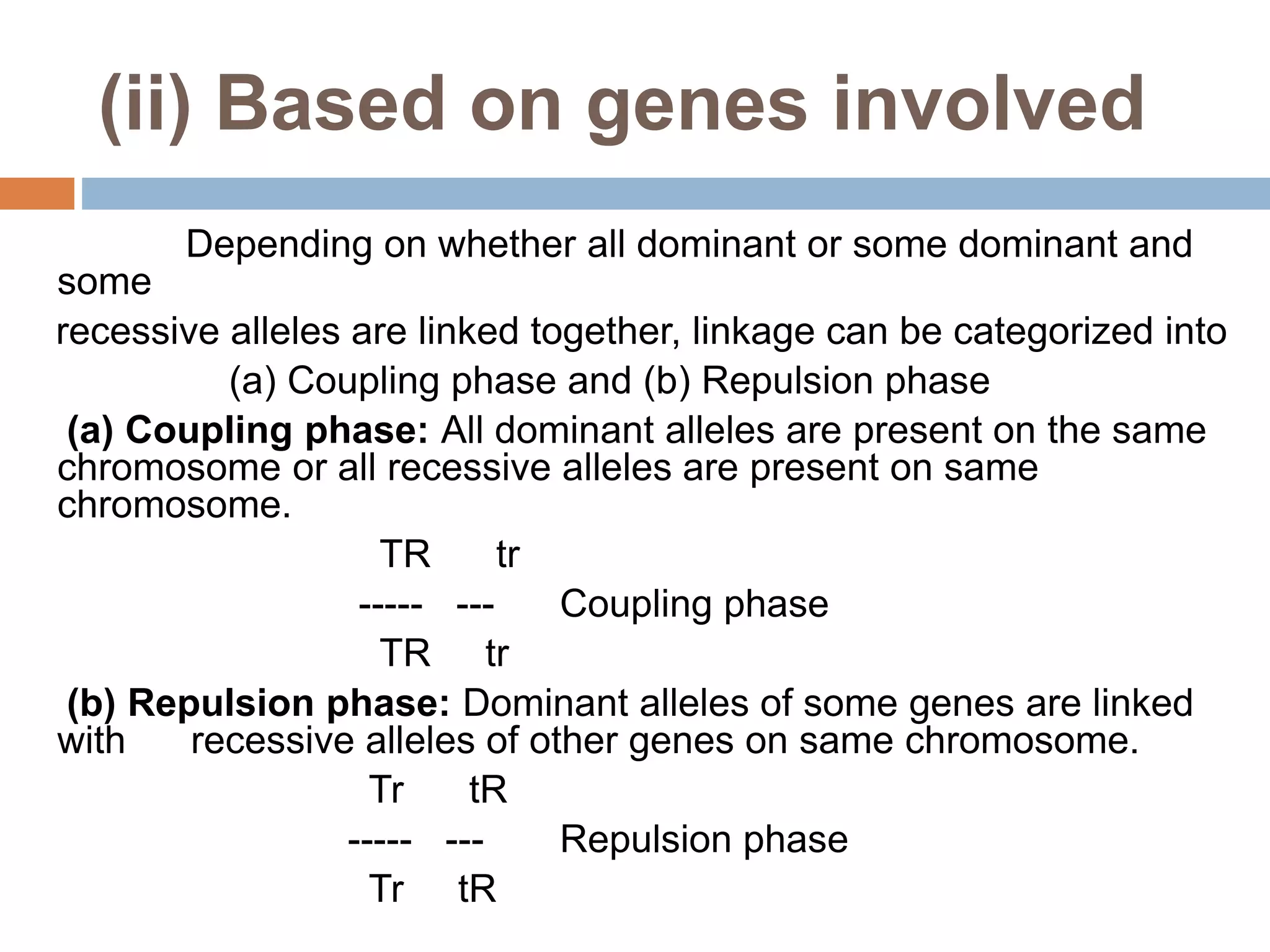 (ii) Based on genes involved
Depending on whether all dominant or some dominant and
some
recessive alleles are linked together, linkage can be categorized into
(a) Coupling phase and (b) Repulsion phase
(a) Coupling phase: All dominant alleles are present on the same
chromosome or all recessive alleles are present on same
chromosome.
TR tr
----- --- Coupling phase
TR tr
(b) Repulsion phase: Dominant alleles of some genes are linked
with recessive alleles of other genes on same chromosome.
Tr tR
----- --- Repulsion phase
Tr tR
 