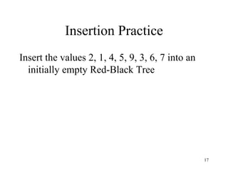 Insertion Practice Insert the values 2, 1, 4, 5, 9, 3, 6, 7 into an initially empty Red-Black Tree 