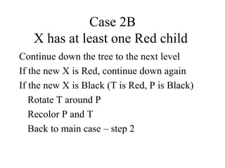 Case 2B X has at least one Red child  Continue down the tree to the next level If the new X is Red, continue down again If the new X is Black (T is Red, P is Black) Rotate T around P Recolor P and T Back to main case – step 2 