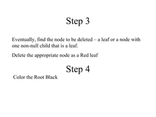Step 3 Eventually, find the node to be deleted – a leaf or a node with one non-null child that is a leaf.  Delete the appropriate node as a Red leaf Step 4 Color the Root Black 