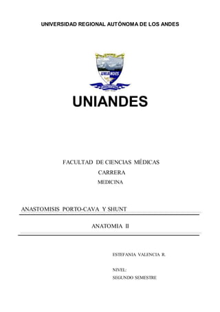 UNIVERSIDAD REGIONAL AUTÓNOMA DE LOS ANDES
UNIANDES
FACULTAD DE CIENCIAS MÉDICAS
CARRERA
MEDICINA
ANASTOMISIS PORTO-CAVA Y SHUNT
ANATOMIA II
ESTEFANIA VALENCIA R.
NIVEL:
SEGUNDO SEMESTRE
 