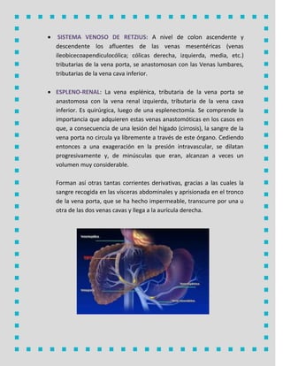  A nivel de colon ascendente ySISTEMA VENOSO DE RETZIUS:
descendente los afluentes de las venas mesentéricas (venas
ileobicecoapendiculocólica; cólicas derecha, izquierda, media, etc.)
tributarias de la vena porta, se anastomosan con las Venas lumbares,
tributarias de la vena cava inferior.
 La vena esplénica, tributaria de la vena porta seESPLENO-RENAL:
anastomosa con la vena renal izquierda, tributaria de la vena cava
inferior. Es quirúrgica, luego de una esplenectomía. Se comprende la
importancia que adquieren estas venas anastomóticas en los casos en
que, a consecuencia de una lesión del hígado (cirrosis), la sangre de la
vena porta no circula ya libremente a través de este órgano. Cediendo
entonces a una exageración en la presión intravascular, se dilatan
progresivamente y, de minúsculas que eran, alcanzan a veces un
volumen muy considerable.
Forman así otras tantas corrientes derivativas, gracias a las cuales la
sangre recogida en las vísceras abdominales y aprisionada en el tronco
de la vena porta, que se ha hecho impermeable, transcurre por una u
otra de las dos venas cavas y llega a la aurícula derecha.
 
