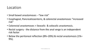 Location
• Small bowel anastomoses --“low risk”
• Esophageal, Pancreaticoenteric, & colorectal anastomoses “increased
risk...