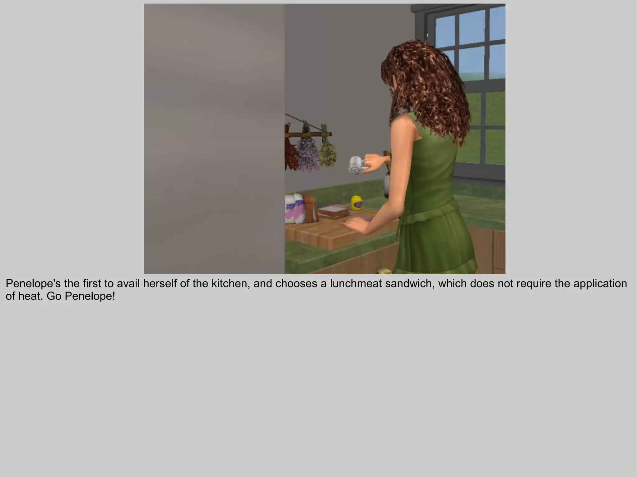Penelope's the first to avail herself of the kitchen, and chooses a lunchmeat sandwich, which does not require the application
of heat. Go Penelope!
 