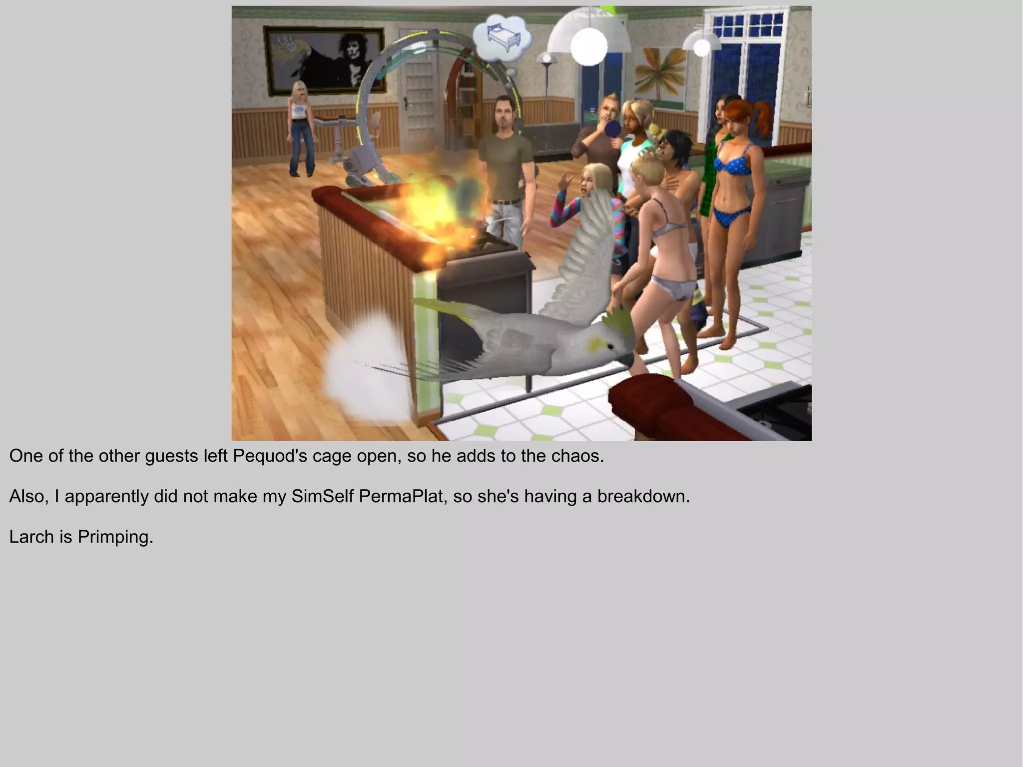 One of the other guests left Pequod's cage open, so he adds to the chaos.

Also, I apparently did not make my SimSelf PermaPlat, so she's having a breakdown.

Larch is Primping.
 