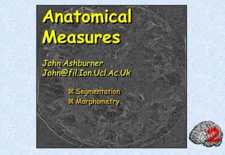 Anatomical
Measures
John Ashburner
John@fil.Ion.Ucl.Ac.Uk
 Segmentation
 Morphometry
 