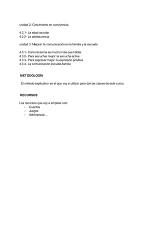 unidad 2: Crecimiento en convivencia
4.2.1- La edad escolar
4.2.2- La adolescencia
unidad 3: Mejorar la comunicación en la familia y la escuela
4.3.1- Comunicarnos es mucho más que hablar
4.3.2- Para escuchar mejor: la escucha activa
4.3.3- Para expresar mejor: la expresión positiva
4.3.4- La comunicación escuela-familia
METODOLOGÍA
El método explicativo es el que voy a utilizar para dar las clases de este curso.
RECURSOS
Los recursos que voy a emplear son:
- Cuentos
- Juegos
- Adivinanzas…
 