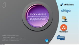 3
                                                           WIKIS
                                                        BOOKMARKING
                                                      A wiki is a Web page that can be
                                                       Social Bookmarking allows you
                                                     viewedorganize your websites, is
                                                         to and modified by anybody
                                                         a tagging and share them.
                                                           collaborative group sites.




       •A way to store, tag and share
       •search engine spiders
       •tag-based classification is done by humans
                                                                                 Show
       •resources are ranked by users

Monday, 21 May 12
 