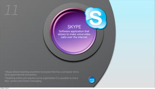 11
                                                                     SKYPE
                                                                     WIKIS
                                                            Software application that
                                                        A wiki is a Web page that can be
                                                           allows to make voice/video
                                                       viewed and modified by anybody is
                                                              calls over the internet
                                                           a collaborative group sites.




        •Skype allows teaching anywhere to anyone that has a computer and a
        fairly good internet connection.
        •Teaching online just requires some organization it is possible to share   Show
        files, screen and instant messaging.

Monday, 21 May 12
 