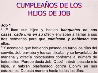 CUMPLEAÑOS DE LOS HIJOS DE JOBJob 14E iban sus hijos y hacían banquetes en sus casas, cada uno en su día; y enviaban a llamar a sus tres hermanas para que comiesen y bebiesen con ellos. 5Y acontecía que habiendo pasado en turno los días del convite, Job enviaba y los santificaba, y se levantaba de mañana y ofrecía holocaustos conforme al número de todos ellos. Porque decía Job: Quizá habrán pecado mis hijos, y habrán blasfemado contra Elohimen sus corazones. De esta manera hacía todos los días. 