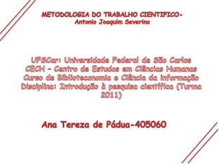 METODOLOGIA DO TRABALHO CIENTIFICO-Antonio Joaquim SeverinoUFSCar: Universidade Federal de São CarlosCECH – Centro de Estudos em Ciências HumanasCurso de Biblioteconomia e Ciência da informaçãoDisciplina: Introdução à pesquisa científica (Turma 2011)Ana Tereza de Pádua-405060