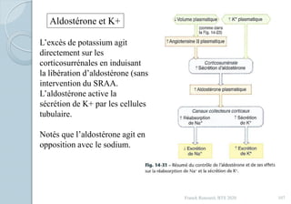 Franck Rencurel, BTS 2020 107
Aldostérone et K+
L’excès de potassium agit
directement sur les
corticosurrénales en induisant
la libération d’aldostérone (sans
intervention du SRAA.
L’aldostérone active la
sécrétion de K+ par les cellules
tubulaire.
Notés que l’aldostérone agit en
opposition avec le sodium.
 