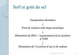 Soif et goût du sel
Transpiration abondante
↓
Perte de solution salée hypo-osmotique
↓
Diminution du DFG + Augmentation de la sécrétion
d’ADH
↓
Diminution de l’excrétion d’eau et de sodium
117Franck Rencurel, BTS 2020
 