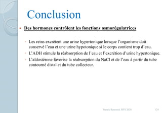 Conclusion
 Des hormones contrôlent les fonctions osmorégulatrices
◦ Les reins excrètent une urine hypertonique lorsque l’organisme doit
conservé l’eau et une urine hypotonique si le corps contient trop d’eau.
◦ L’ADH stimule la réabsorption de l’eau et l’excrétion d’urine hypertonique.
◦ L’aldostérone favorise la réabsorption du NaCl et de l’eau à partir du tube
contourné distal et du tube collecteur.
124Franck Rencurel, BTS 2020
 
