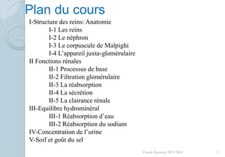 Plan du cours
Franck Rencurel, BTS 2020 3
I-Structure des reins: Anatomie
I-1 Les reins
I-2 Le néphron
I-3 Le corpuscule de Malpighi
I-4 L’appareil juxta-glomérulaire
II Fonctions rénales
II-1 Processus de base
II-2 Filtration glomérulaire
II-3 La réabsorption
II-4 La sécrétion
II-5 La clairance rénale
III-Equilibre hydrominéral
III-1 Réabsorption d’eau
III-2 Réabsorption du sodium
IV-Concentration de l’urine
V-Soif et goût du sel
 
