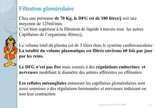 Franck Rencurel, BTS 2020 53
Chez une personne de 70 Kg, le DFG est de 180 litres/j soit une
moyenne de 125ml/min.
C’est bien supérieur à la filtration de liquide à travers tous les autres
Capillaires de l’organisme 4litres/j.
Le volume total du plasma est de 3 litres dans le système cardiovasculaire
La totalité du volume plasmatique est filtrée environs 60 fois par jour
par les reins.
Le DFG n’est pas fixe mais soumis à des régulations endocrines et
nerveuses modifiant le diamètre des artères afférentes ou efférentes
Les cellules mésangliales entourant les capillaires glomérulaires sont
aussi soumises a des régulations hormonales et nerveuses induisant ou
non leur contraction
Filtration glomérulaire
 