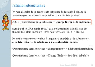 Franck Rencurel, BTS 2020 54
On peut calculer de la quantité de substance filtrée dans l’espace de
Bowman (pour une substance non protéique ou non liée à des protéines).
DFG X [ plasmatique de la substance]= Charge filtrée de la substance
Exemple si le DFG est de 180L/j et la concentration plasmatique de
glucose 1g/l alors la charge filtrée de glucose est 180 x1= 180 g/j
On peut comparer cette valeur à la quantité excrétée de la substance et
ainsi déterminer si la substance a été réabsorbée ou non.
•Qté substance dans les urines < charge filtrée => Réabsorption tubulaire
•Qté substance dans les urines > Charge filtrée => Sécrétion tubulaire
Filtration glomérulaire
 