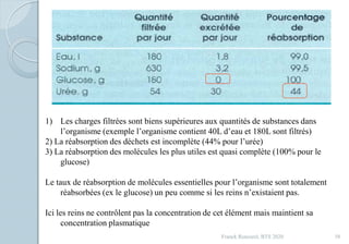 1) Les charges filtrées sont biens supérieures aux quantités de substances dans
l’organisme (exemple l’organisme contient 40L d’eau et 180L sont filtrés)
2) La réabsorption des déchets est incomplète (44% pour l’urée)
3) La réabsorption des molécules les plus utiles est quasi complète (100% pour le
glucose)
Le taux de réabsorption de molécules essentielles pour l’organisme sont totalement
réabsorbées (ex le glucose) un peu comme si les reins n’existaient pas.
Ici les reins ne contrôlent pas la concentration de cet élément mais maintient sa
concentration plasmatique
58Franck Rencurel, BTS 2020
 