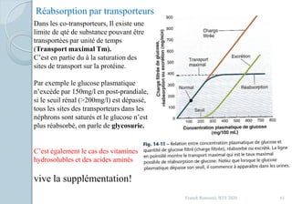 Franck Rencurel, BTS 2020 61
Dans les co-transporteurs, Il existe une
limite de qté de substance pouvant être
transportées par unité de temps
(Transport maximal Tm).
C’est en partie du à la saturation des
sites de transport sur la protéine.
Par exemple le glucose plasmatique
n’excède par 150mg/l en post-prandiale,
si le seuil rénal (>200mg/l) est dépassé,
tous les sites des transporteurs dans les
néphrons sont saturés et le glucose n’est
plus réabsorbé, on parle de glycosurie.
C’est également le cas des vitamines
hydrosolubles et des acides aminés
vive la supplémentation!
Réabsorption par transporteurs
 