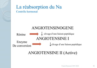 La réabsorption du Na
Contrôle hormonal
ANGIOTENSINOGENE
↓ clivage d’une liaison peptidique
ANGIOTENSINE I
↓clivage d’une liaison peptidique
ANGIOTENSINE II (Active)
Rénine
Enzyme
De conversion
98Franck Rencurel, BTS 2020
 