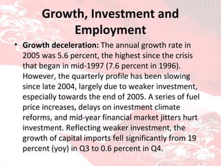 Growth, Investment and Employment Growth deceleration:  The annual growth rate in 2005 was 5.6 percent, the highest since the crisis that began in mid-1997 (7.6 percent in 1996). However, the quarterly profile has been slowing since late 2004, largely due to weaker investment, especially towards the end of 2005. A series of fuel price increases, delays on investment climate reforms, and mid-year financial market jitters hurt investment. Reflecting weaker investment, the growth of capital imports fell significantly from 19 percent (yoy) in Q3 to 0.6 percent in Q4. 
