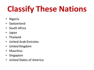 Classify These Nations Nigeria Switzerland South Africa Japan Thailand United Arab Emirates United Kingdom Mauritius Singapore United States of America 