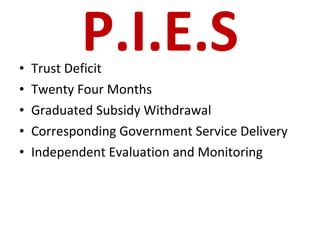 P.I.E.S Trust Deficit Twenty Four Months Graduated Subsidy Withdrawal Corresponding Government Service Delivery Independent Evaluation and Monitoring 