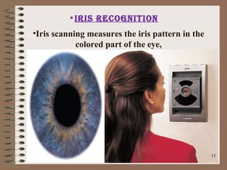 •IrIs recognItIon
•Iris scanning measures the iris pattern in the
colored part of the eye,
11
 