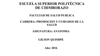 ESCUELA SUPERIOR POLITÉCNICA
DE CHIMBORAZO
FACULTAD DE SALUD PUBLICA
CARRERA: PROMOCION Y CUIDADOS DE LA
SALUD
ASIGNATURA: ANATOMIA
GILSON QUISHPE
Año: 2016
 