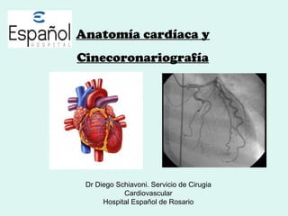Anatomía cardíaca y 
Cinecoronariografía 
Dr Diego Schiavoni. Servicio de Cirugia 
Cardiovascular 
Hospital Español de Rosario 
 