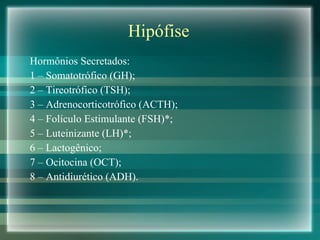 Hipófise Hormônios Secretados: 1 – Somatotrófico (GH); 2 – Tireotrófico (TSH); 3 – Adrenocorticotrófico (ACTH); 4 – Folículo Estimulante (FSH)*; 5 – Luteinizante (LH)*; 6 – Lactogênico; 7 – Ocitocina (OCT); 8 – Antidiurético (ADH).  