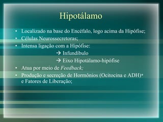 Hipotálamo Localizado na base do Encéfalo, logo acima da Hipófise; Células Neurossecretoras; Intensa ligação com a Hípófise:    Infundíbulo    Eixo Hipotálamo-hipófise Atua por meio de  Feedback; Produção e secreção de Hormônios (Ocitocina e ADH) *  e Fatores de Liberação; 