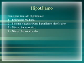 Hipotálamo Principais áreas do Hipotálamo: 1 – Eminência Mediana; 2 – Sistema Vascular Porta-hipotálamo-hipofisiário; 3 – Núcleo Supra-óptico; 4 – Núcleo Paraventricular. 