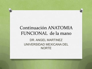 Continuación ANATOMIA
FUNCIONAL de la mano
    DR. ANGEL MARTINEZ
 UNIVERSIDAD MEXICANA DEL
          NORTE
 