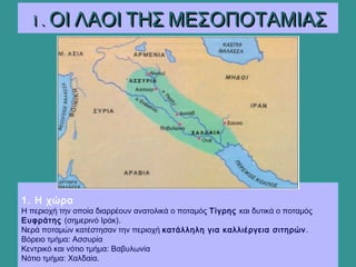1. Η χώρα
Η περιοχή την οποία διαρρέουν ανατολικά ο ποταμός Τίγρης και δυτικά ο ποταμός
Ευφράτης (σημερινό Ιράκ).
Νερά ποταμών κατέστησαν την περιοχή κατάλληλη για καλλιέργεια σιτηρών.
Βόρειο τμήμα: Ασσυρία
Κεντρικό και νότιο τμήμα: Βαβυλωνία
Νότιο τμήμα: Χαλδαία.
1. ΟΙ ΛΑΟΙ ΤΗΣ ΜΕΣΟΠΟΤΑΜΙΑΣ1. ΟΙ ΛΑΟΙ ΤΗΣ ΜΕΣΟΠΟΤΑΜΙΑΣ
 