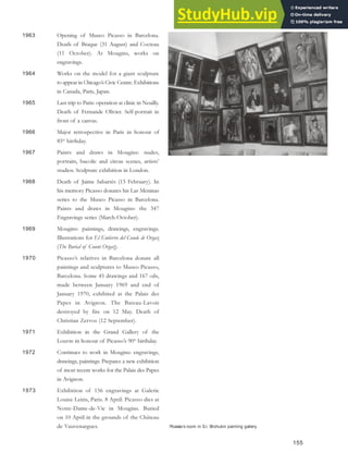 1963 Opening of Museo Picasso in Barcelona.
Death of Braque (31 August) and Cocteau
(11 October). At Mougins, works on
engravings.
1964 Works on the model for a giant sculpture
to appear in Chicago’s Civic Centre. Exhibitions
in Canada, Paris, Japan.
1965 Last trip to Paris: operation at clinic in Neuilly.
Death of Fernande Olivier. Self-portrait in
front of a canvas.
1966 Major retrospective in Paris in honour of
85th
birthday.
1967 Paints and draws in Mougins: nudes,
portraits, bucolic and circus scenes, artists’
studios. Sculpture exhibition in London.
1968 Death of Jaime Sabartés (13 February). In
his memory Picasso donates his Las Meninas
series to the Museo Picasso in Barcelona.
Paints and draws in Mougins: the 347
Engravings series (March-October).
1969 Mougins: paintings, drawings, engravings.
Illustrations for El Entierro del Conde de Orgaz
(The Burial of Count Orgaz).
1970 Picasso’s relatives in Barcelona donate all
paintings and sculptures to Museo Picasso,
Barcelona. Some 45 drawings and 167 oils,
made between January 1969 and end of
January 1970, exhibited at the Palais des
Papes in Avignon. The Bateau-Lavoir
destroyed by fire on 12 May. Death of
Christian Zervos (12 September).
1971 Exhibition in the Grand Gallery of the
Louvre in honour of Picasso’s 90th
birthday.
1972 Continues to work in Mougins: engravings,
drawings, paintings. Prepares a new exhibition
of most recent works for the Palais des Papes
in Avignon.
1973 Exhibition of 156 engravings at Galerie
Louise Leiris, Paris. 8 April: Picasso dies at
Notre-Dame-de-Vie in Mougins. Buried
on 10 April in the grounds of the Château
de Vauvenargues.
155
Picasso’s room in S.I. Shchukin painting gallery.
 