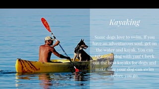 Kayaking
Some dogs love to swim. If you
have an adventurous soul, get on
the water and kayak. You can
take your dog with y...