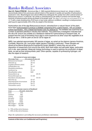 Ramko Rolland Associates
Contents of this letter are Confidential and Proprietary Page 8 of 8
See U.S. Patent PP06169 - Nonomura May 3, 1988 (expired) Botryococcus braunii var. showa is chemo-
taxonomically distinct from previously cultured strains of the species in quality and quantity of hydrocarbons
produced in vitro. Morphological and cultural differences distinguish this variety from other cultured strains of
Botryococcus braunii. In particular, the variety is characterized by the ability to produce and secrete large
amounts of botryococcenes during all phases of its growth cycle. The algae is growing in an environment of 22o
to
24o
C with a mass doubling time of 40 hours or less under optimum conditions, resulting in a botryococcene
yield equal to approximately 30% of the dry weight of the biomass
Hydrocarbon oils of the alga Botryococcus braunii, extracted from a natural 'bloom' of the plant,
have been hydrocracked to produce a distillate comprising 67% a petrol fraction, 15% an aviation
turbine fuel fraction, 15% a diesel fuel fraction and 3% residual oil. The distillate was examined by a
number of standard petroleum industry test methods. This preliminary investigation indicates that
the oils of B. braunii are suitable as a feedstock material for hydrocracking to transport fuels. At
present time the cost of harvesting micro alga is more expensive as other corps like vegetable oil at
$0.52 per liter v. 0.66 for palm oil and $1.50 for algae oil.
NREL has selected approximately 300 species of algae, as varied as the diatoms (genera Amphora,
Cymbella, Nitzschia, etc.) and green algae (genera Chlorella in particular). These samples are
stored at the Marine Bioproducts Engineering Center (MarBEC), where they are put at the
disposition of researchers from around the world. Both fresh-water and salt-water algae, particularly
rich in oils, were selected. Molecular biology technology is used to optimize the production of algae
lipids, as well as their photosynthetic yield. Other species, capable of synthesizing hydrogen, are
also the object of research.
Oil content of some microalgae
Microalga Type Oil content (% dry wt)
Botryococcus braunii 25–75
Chlorella sp. 28–32
Crypthecodinium cohnii 20
Cylindrotheca sp. 16–37
Dunaliella primolecta 23
Isochrysis sp. 25–33
Monallanthus salina N20
Nannochloris sp. 20–35
Nannochloropsis sp. 31–68
Neochloris oleoabundans 35–54
Nitzschia sp. 45–47
Phaeodactylum tricornutum 20–30
Schizochytrium sp. 50–77
Tetraselmis sueica 15–23
Comparison of some sources of biodiesel
Crop Oil yield (Liter/ha)
Corn 172
Soybean 446
Canola 1190
Jatropha 1892
Coconut 2689
Palm Oil 5950
Microalgae b 136,900
Microalgae c 58,700
b - 70% oil (by wt) in biomass.
c - 30% oil (by wt) in biomass.
Hope the explanation is providing the necessary preliminary information.
 