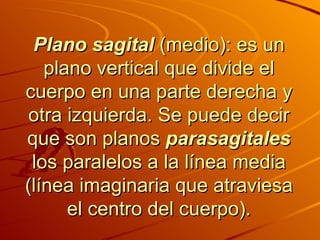Plano sagital  (medio): es un plano vertical que divide el cuerpo en una parte derecha y otra izquierda. Se puede decir que son planos  parasagitales  los paralelos a la línea media (línea imaginaria que atraviesa el centro del cuerpo). 