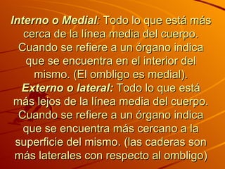 Interno o Medial :  Todo lo que está más cerca de la línea media del cuerpo. Cuando se refiere a un órgano indica que se encuentra en el interior del mismo. (El ombligo es medial). Externo o lateral:  Todo lo que está más lejos de la línea media del cuerpo. Cuando se refiere a un órgano indica que se encuentra más cercano a la superficie del mismo. (las caderas son más laterales con respecto al ombligo) 