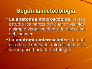 Según la metodología La anatomía macroscópica : la que estudia las partes del cuerpo visibles a simple vista, mediante la disección del cadáver.  La anatomía microscópica : la que estudia a través del microscopio y se va un poco hacia la histología.  