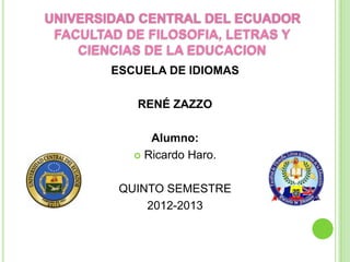 UNIVERSIDAD CENTRAL DEL ECUADOR
FACULTAD DE FILOSOFIA, LETRAS Y
CIENCIAS DE LA EDUCACION
ESCUELA DE IDIOMAS
RENÉ ZAZZO
Alumno:
 Ricardo Haro.
QUINTO SEMESTRE
2012-2013
 