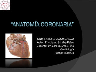 UNIVERSIDAD XOCHICALCO Autor:  Priscila A. Grijalva Palos Docente:   Dr. Lorenzo Arce Piña Cardiología Fecha:  16/01/08 